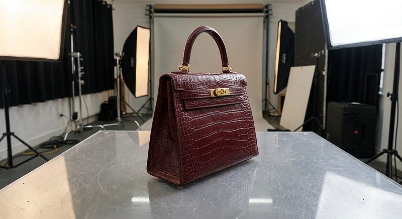 Leather handbag before editing, original shot with background